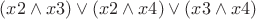 $(x2\wedge x3)\vee (x2\wedge x4) \vee (x3\wedge x4)$