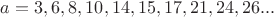 $a=3,6,8,10,14,15,17,21,24,26...$