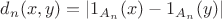 $d_n(x,y)=|1_{A_n}(x)-1_{A_n}(y)| $