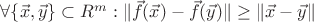 $\forall \{\vec{x}, \vec{y}\} \subset R^m : \|\vec{f}(\vec{x})-\vec{f}(\vec{y})\|\ge\|\vec{x}-\vec{y}\|$
