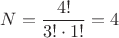 $$N=\frac{4!}{3!\cdot1!}=4$$