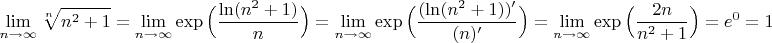 $$\lim\limits_{n\to\infty}\sqrt[n]{n^2+1}=\lim\limits_{n\to\infty}\exp{\Big(\dfrac{\ln(n^2+1)}{n}\Big)}=\lim\limits_{n\to\infty}\exp{\Big(\dfrac{(\ln(n^2+1))'}{(n)'}\Big)}=\lim\limits_{n\to\infty}\exp{\Big(\dfrac{2n}{n^2+1}\Big)}=e^0=1$$