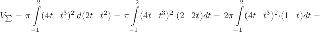 $$V_{\sum} = \pi \int\limits_{-1}^2 (4t-t^3)^2 \,d(2t-t^2)= \pi \int\limits_{-1}^2 (4t-t^3)^2\cdot(2-2t)dt=
2\pi \int\limits_{-1}^2 (4t-t^3)^2\cdot(1-t)dt=$$