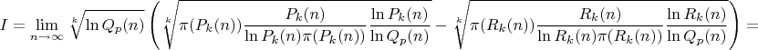 $$I=\lim\limits_{n\to\infty}\sqrt[k]{\ln Q_p(n)}\left(\sqrt[k] {\pi(P_k(n))\frac{P_k(n)}{{\ln P_k(n)}\pi(P_k(n))}\frac{\ln P_k(n)}{\ln Q_p(n)}}-\sqrt[k]{\pi(R_k(n))\frac{R_k(n)}{{\ln R_k(n)}\pi(R_k(n))}\frac{\ln R_k(n)}{\ln Q_p(n)}}\right)=J\sqrt[k]{\frac{k}{p}},$$