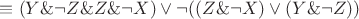 $\[ \equiv (Y\& \neg Z\& Z\& \neg X) \vee \neg ((Z\& \neg X) \vee (Y\& \neg Z))\]$