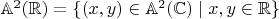 $\mathbb A^2(\mathbb R) = \{ (x,y) \in \mathbb A^2(\mathbb C) \mid x,y \in \mathbb R \}$