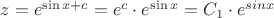 $z=e^{\sin x+c}=e^c\cdot e^{\sin x}=C_1\cdot e^{sin x}$
