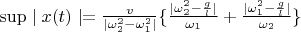$\sup \mid x(t)\mid = \frac {v}{\mid\omega _2^2-\omega _1^2\mid}\{\frac {\mid \omega _2^2-\frac gl\mid}{\omega _1}+\frac {\mid \omega _1^2-\frac gl\mid}{\omega _2}\}$