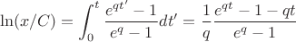 $$\ln (x/C)=\int_0^t\frac{e^{qt'}-1}{e^q-1}dt'=\frac1q\frac{e^{qt}-1-qt}{e^q-1}$$