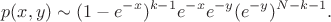 $$
p(x,y)\sim (1-e^{-x})^{k-1}e^{-x}e^{-y}(e^{-y})^{N-k-1}.
$$
