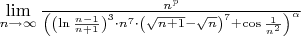 $\lim\limits_{n \to \infty} \frac{n^p}{ \left( \left(\ln \frac{n - 1}{n + 1}\right)^3 \cdot n^7 \cdot \left(\sqrt{n + 1} - \sqrt{n}\right)^7 +\cos \frac{1}{n^2} \right)^\alpha} $