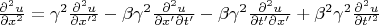 $\frac{\partial^2 u}{\partial x^2}=\gamma^2\frac{\partial^2 u}{\partial x'^2}-\beta \gamma^2 \frac{\partial^ 2 u}{\partial x' \partial t'}-\beta \gamma^2 \frac{\partial^ 2 u}{\partial t' \partial x'}+\beta^2 \gamma^2 \frac{\partial^2 u}{\partial t'^2}$