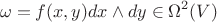 $$\omega = f(x,y) dx \wedge dy  \in \Omega^2(V)$$