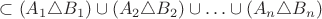 $\subset (A_1\triangle B_1)\cup (A_2\triangle B_2)\cup\ldots\cup (A_n\triangle B_n)$ $\subset (A_1\triangle B_1)\cup (A_2\triangle B_2)\cup\ldots\cup (A_n\triangle B_n)$
