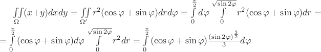 $\iint\limits_{\Omega}(x+y)dxdy = \iint\limits_{\Omega'}{r^2(\cos\varphi+\sin\varphi)}drd\varphi = \int\limits_{0}^{\frac\pi2}d\varphi\int\limits_{0}^{\sqrt{\sin{2\varphi}}}{r^2(\cos\varphi+\sin\varphi)dr} =\\
= \int\limits_{0}^{\frac\pi2}{(\cos\varphi+\sin\varphi)d\varphi}\int\limits_{0}^{\sqrt{\sin{2\varphi}}}{r^2dr} = \int\limits_{0}^{\frac\pi2}{(\cos\varphi+\sin\varphi)\frac{{(\sin{2\varphi})}^{\frac32}}3d\varphi}$