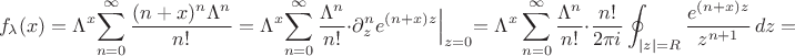 $$
f_\lambda(x)=\Lambda^x\!\sum_{n=0}^\infty \frac{(n+x)^n \Lambda^n}{n!}
=\Lambda^x\!\sum_{n=0}^\infty \frac{\Lambda^n}{n!}\cdot
\partial_z^n e^{(n+x)z}\Bigl|_{z=0}
=\Lambda^x\sum_{n=0}^\infty \frac{\Lambda^n}{n!}\cdot
\frac{n!}{2\pi i}\oint_{|z|=R} \frac{e^{(n+x)z}}{z^{n+1}}\,dz={}
$$