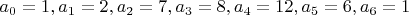 $a_0=1, a_1=2, a_2=7, a_3=8, a_4=12, a_5=6, a_6=1$