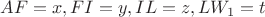 $AF = x, FI = y, IL = z, LW_1 = t$