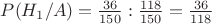 $P(H_1/A)=\frac {36} {150} : \frac {118} {150} = \frac {36} {118}$