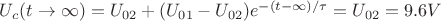 $U_c(t\to \infty)= U_{02} + (U_{01}-U_{02}) e^{-(t-\infty)/\tau} = U_{02} = 9.6V$