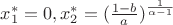 $ x^*_1 = 0, x^*_2= (\frac{1-b}{a})^\frac{1}{\alpha-1}$