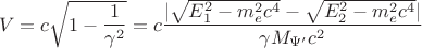 $$V=c \sqrt{1-\dfrac{1}{\gamma^{2}}}=c \dfrac{|\sqrt{E_{1}^{2}-m_{e}^{2}c^{4}}-\sqrt{E_{2}^{2}-m_{e}^{2}c^{4}}|}{\gamma M_{\Psi'}c^2}$$