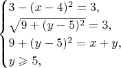 $$\begin{cases}3-(x-4)^2=3,\\ \sqrt{9+(y-5)^2}=3,\\ 9+(y-5)^2=x+y,\\ y\geqslant 5,\end{cases}$$
