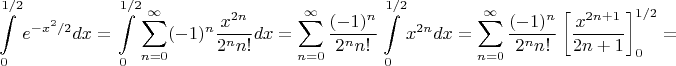 $$\int\limits_0^{1/2}e^{-x^2/2}dx=\int\limits_0^{1/2}\sum\limits_{n=
0}^{\infty}(-1)^n\frac{x^{2n}}{2^nn!}dx=\sum\limits_{n=
0}^{\infty}\frac{(-1)^n}{2^nn!}\int\limits_0^{1/2}x^{2n}dx=\sum\limits_{n=
0}^{\infty}\frac{(-1)^n}{2^nn!}\left[\frac{x^{2n+1}}{2n+1}\right]_{0}^{1/2}=$$