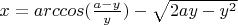 $x=arccos(\frac{a-y}{y})-\sqrt{2ay-y^2}$