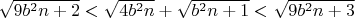 $\sqrt{9b^2n+2} < \sqrt{4b^2n} + \sqrt{b^2n+1} < \sqrt{9b^2n+3}$