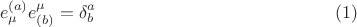 $$
e^{(a)}_{\mu} e^{\mu}_{(b)} = \delta^{a}_{b} \eqno(1)
$$