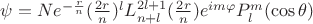 $\psi = N e^{-\frac{r}{n}} (\frac{2r}{n})^l L_{n+l}^{2l+1} (\frac{2r}{n}) e^{im\varphi}P_l^m (\cos \theta)$