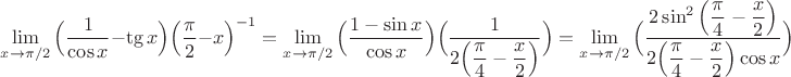 $\lim\limits_{x\to\pi/2}\Big(\dfrac{1}{\cos x}-\mathop{\mathrm{\tg}}x\Big)\Big(\dfrac{\pi}{2}-x\Big)^{-1} = \lim\limits_{x\to\pi/2}\Big(\dfrac{1 - \sin x}{\cos x}\Big)\Big(\dfrac{1}{2\Big(\dfrac \pi 4 - \dfrac x 2\Big)}\Big) = \lim\limits_{x\to\pi/2}\Big(\dfrac{2\sin^2 \Big({\dfrac \pi 4 - \dfrac x 2}\Big)}{2 \Big(\dfrac \pi 4 - \dfrac x 2\Big) \cos x }\Big)$