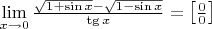 $\underset{x\to 0}{\mathop{\lim }}\,\frac{\sqrt{1+\sin x}-\sqrt{1-\sin x}}{\tg x}=\left[ \frac{0}{0} \right]$