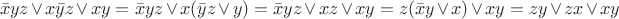 $$ \bar{x} yz \vee x \bar{y}z \vee xy = \bar{x}yz \vee x(\bar{y}z \vee y) = \bar{x}yz \vee xz \vee xy = z(\bar{x}y \vee x) \vee xy = zy \vee zx \vee xy $$