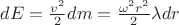 $dE = \frac{v^2}{2}dm = \frac{\omega^2r^2}{2}\lambda dr$