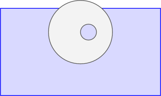 $
\begin{tikzpicture}
\draw [color=blue, fill=blue!15, very thick](-5,1.5) -- (-5,-4) -- (5,-4) -- (5,1.5) -- cycle;
\filldraw[color=black!60, fill=black!5, very thick](0,0) circle (2);
\filldraw[color=black!60, fill=blue!15, very thick](0.5,0) circle (0.5);
\end{tikzpicture}
$