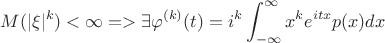 $$M(|\xi|^k)<\infty => \exists \varphi^{(k)} (t)=i^k\int_{-\infty}^{\infty}x^k e^{itx}p(x)dx$$