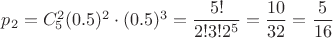 $p_2=C_5^2(0.5)^2\cdot (0.5)^3=\dfrac{5!}{2!3!2^5}=\dfrac{10}{32}=\dfrac{5}{16}$