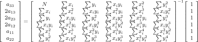 $
{\left[
\begin{array}{c}
a_{33}\\2a_{13}\\2a_{23}\\2a_{12}\\a_{11}\\a_{22}
\end{array}
\right]=
{\left[
\begin{array}{cccccc}
N & \sum x_{i} & \sum y_{i} & \sum x_{i}y_{i} & \sum x_{i}^2 & \sum y_{i}^2 \\ 
\sum x_{i} & \sum x_{i}^2 & \sum x_{i}y_{i} & \sum x_{i}^2y_{i} & \sum x_{i}^3 &\sum x_{i}y_{i}^2 \\
\sum y_{i} & \sum x_{i}y_{i} & \sum y_{i}^2 & \sum x_{i}y_{i}^2 & \sum x_{i}^2y_{i} & \sum y_{i}^3\\
\sum x_{i}y_{i}&\sum x_{i}^2y_{i} & \sum x_{i}y_{i}^2 & \sum x_{i}^2y_{i}^2 & \sum x_{i}^3y_{i} & \sum x_{i}y_{i}^3\\
\sum x_{i}^2 & \sum x_{i}^3 & \sum x_{i}^2y_{i} & \sum x_{i}^3y_{i} & \sum x_{i}^4 & \sum x_{i}^2y_{i}^2\\
\sum y_{i}^2 & \sum x_{i}y_{i}^2 & \sum y_{i}^3 & \sum x_{i}y_{i}^3 & \sum x_{i}^2y_{i}^2 & \sum y_{i}^4    
\end{array}
\right]}^{-1}
{\left[
\begin{array}{c}
1\\1\\1\\1\\1\\1
\end{array}
\right]
$