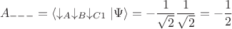 $$A_{---}=\langle \downarrow_A\downarrow_B\downarrow_{C1}|\Psi \rangle= -\dfrac{1}{\sqrt{2}}\dfrac{1}{\sqrt{2}}=-\dfrac{1}{2}$$
