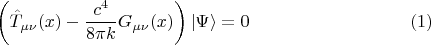 $$
\left( \hat{T}_{\mu \nu}(x) - \frac{c^4}{8 \pi k} G_{\mu \nu}(x) \right) | \Psi \rangle = 0 \eqno(1)
$$