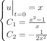 $$
\begin{cases}
u\Bigr|_{t=0}=x\\
C_1=\frac{x^2-1}{x}\\
C_2=-\frac{1}{2x^2}
\end{cases}
$$ $$
\begin{cases}
u\Bigr|_{t=0}=x\\
C_1=\frac{x^2-1}{x}\\
C_2=-\frac{1}{2x^2}
\end{cases}
$$