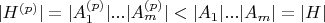 $|H^{(p)}|=|A_1^{(p)}|...|A_m^{(p)}|<|A_1|...|A_m|=|H|$