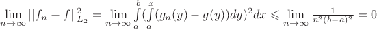 $\lim\limits_{n\to \infty}||f_n-f||^2_{L_2}=\lim\limits_{n\to \infty}\int\limits_a^b(\int\limits_a^x (g_n(y)-g(y))dy)^2dx\leqslant \lim\limits_{n\to \infty}\frac 1{n^2(b-a)^2}=0$