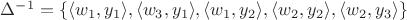 $\Delta ^{-1}=\{ \langle w_1,y_1 \rangle ,\langle w_3, y_1 \rangle , \langle w_1, y_2 \rangle , \langle w_2,y_2 \rangle , \langle w_2, y_3 \rangle \}$