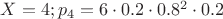 $X=4;p_4=6\cdot0.2\cdot0.8^2\cdot0.2$