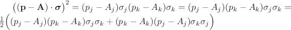 $
 \bigl((\mathbf{p}-\mathbf{A})\cdot \boldsymbol\sigma}\bigr)^2= (p_j -A_j)\sigma_j (p_k -A_k)\sigma_k=
(p_j -A_j) (p_k -A_k)\sigma_j\sigma_k=\\
\frac{1}{2}\Bigl( (p_j -A_j) (p_k -A_k)\sigma_j\sigma_k+ (p_k -A_k) (p_j -A_j)\sigma_k\sigma_j\Bigr)$