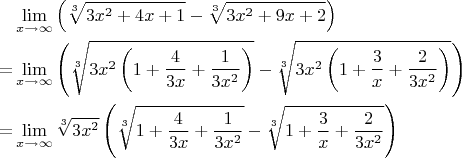 $$\begin{align}
&\lim_{x\to \infty }\left(\sqrt[3]{3x^2+4x+1}-\sqrt[3]{3x^2+9x+2}\right)
\\=& \lim_{x\to \infty }\left(\sqrt[3]{3x^2\left(1+\frac{4}{3x}+\frac{1}{3x^2}\right)}-\sqrt[3]{3x^2\left(1+\frac3x + \frac{2}{3x^2}\right)}\right)
\\=& \lim_{x\to \infty }\sqrt[3]{3x^2}\left(\sqrt[3]{1+\frac{4}{3x}+\frac{1}{3x^2}}-\sqrt[3]{1+\frac3x + \frac{2}{3x^2}}\right)
\end{align}
$$