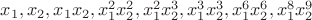 $x_1, x_2, x_1 x_2, x_1^2 x_2^2, x_1^2 x_2^3, x_1^3 x_2^3, x_1^6 x_2^6, x_1^8 x_2^9$
